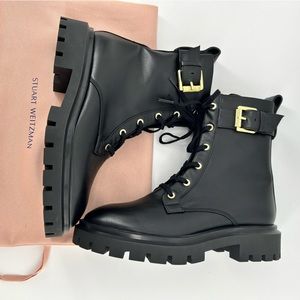 New $700 Stuart Weitzman Ultra Lug Black Combat boots Gold Buckles  size 6.5